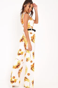 Rebellious Fashion White Leaf Print Twist Front Belted Jumpsuit - Rainn