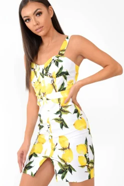 Rebellious Fashion White Lemon Print Button Front Woven Mini Dress - Emillie