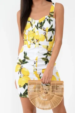 Rebellious Fashion White Lemon Print Button Front Woven Mini Dress - Emillie