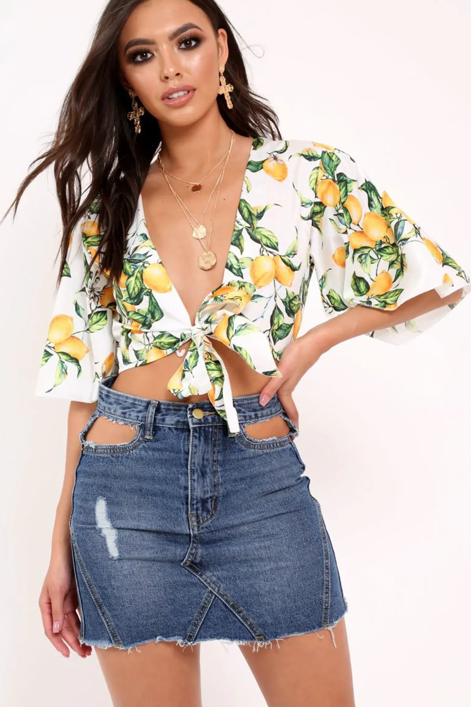 Rebellious Fashion White Lemon Print Satin Tie Crop Top - Alara