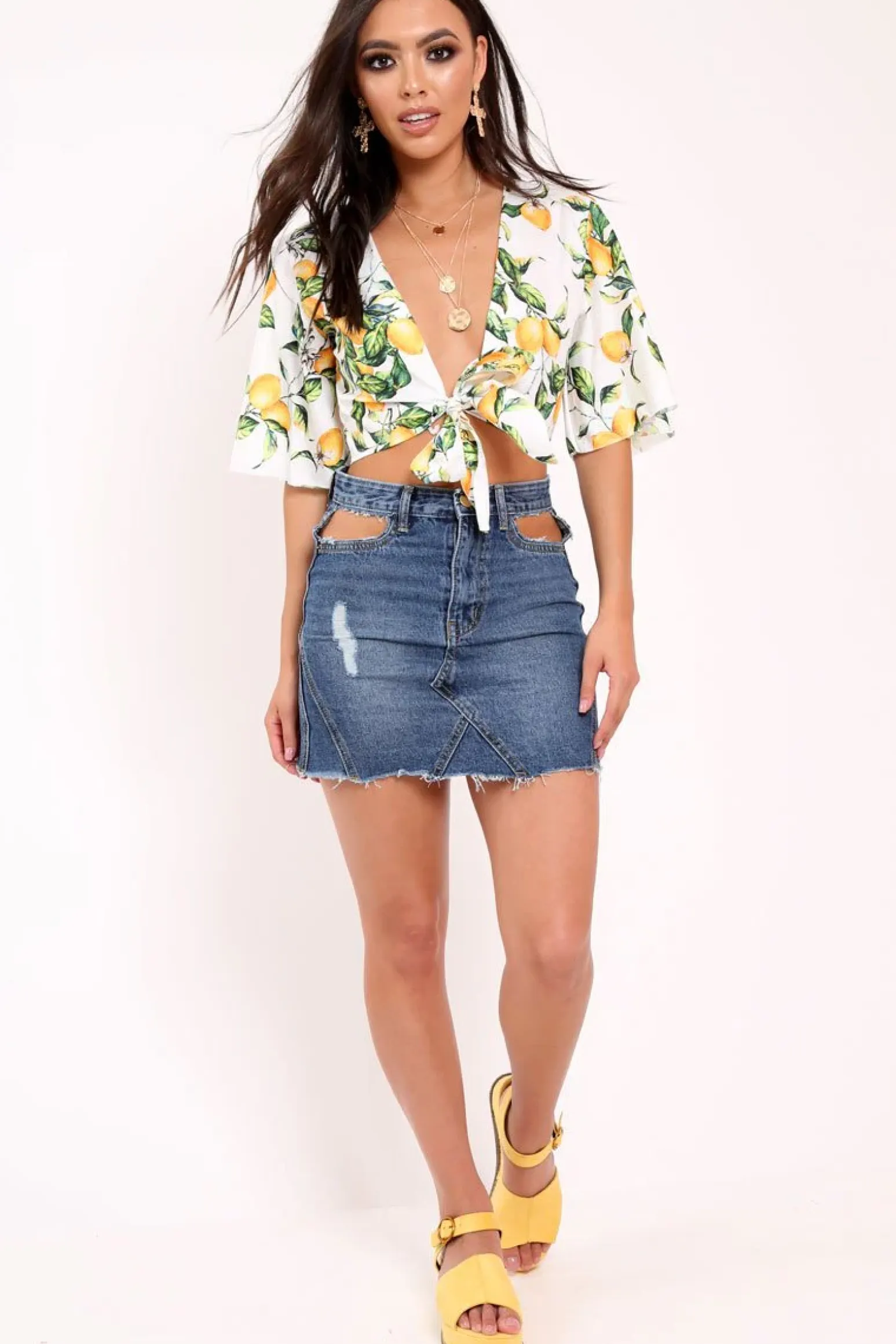 Rebellious Fashion White Lemon Print Satin Tie Crop Top - Alara