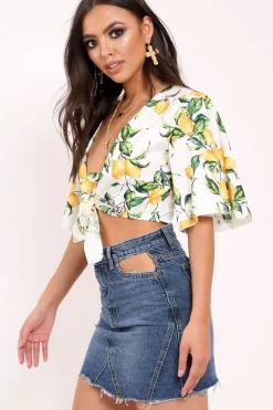Rebellious Fashion White Lemon Print Satin Tie Crop Top - Alara