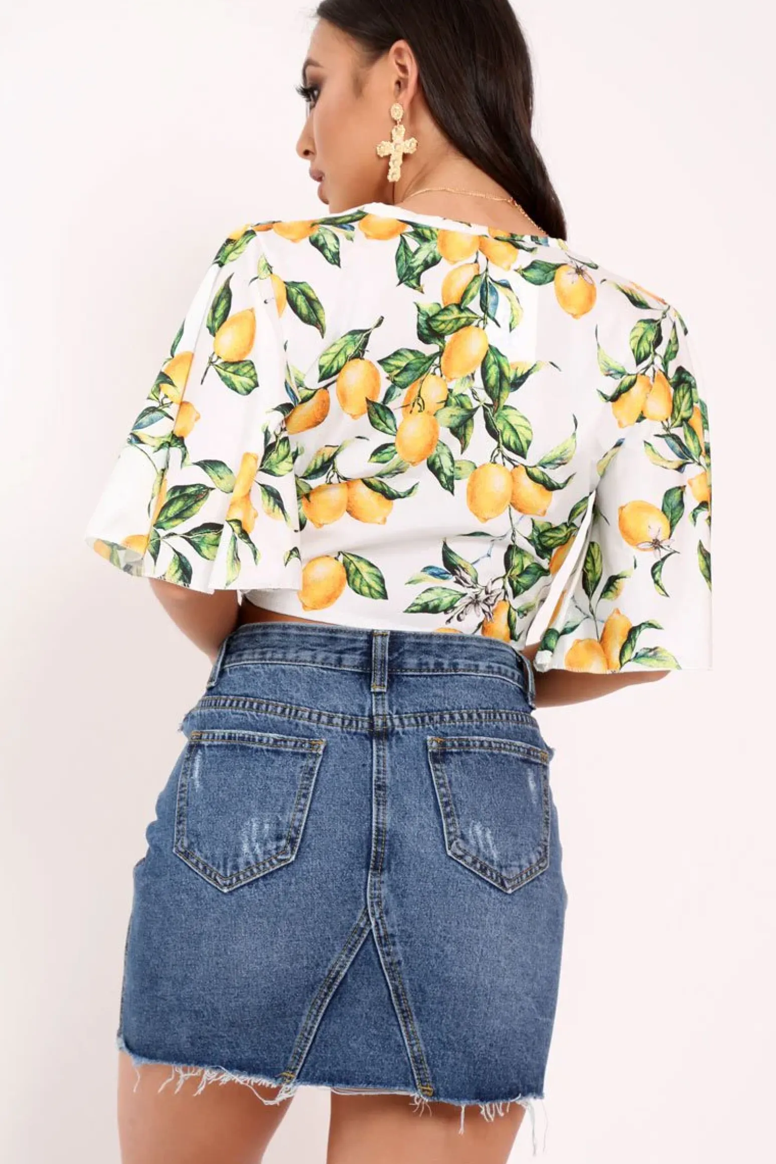 Rebellious Fashion White Lemon Print Satin Tie Crop Top - Alara