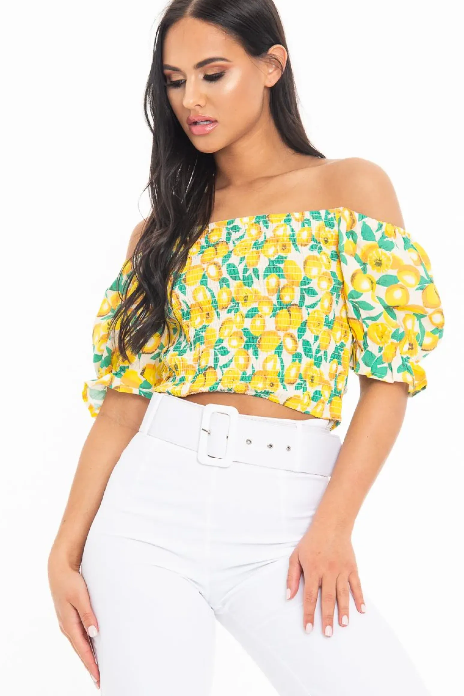 Rebellious Fashion White Lemon Print Shirred Bardot Puff Sleeve Crop Top - Agnes