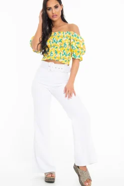 Rebellious Fashion White Lemon Print Shirred Bardot Puff Sleeve Crop Top - Agnes