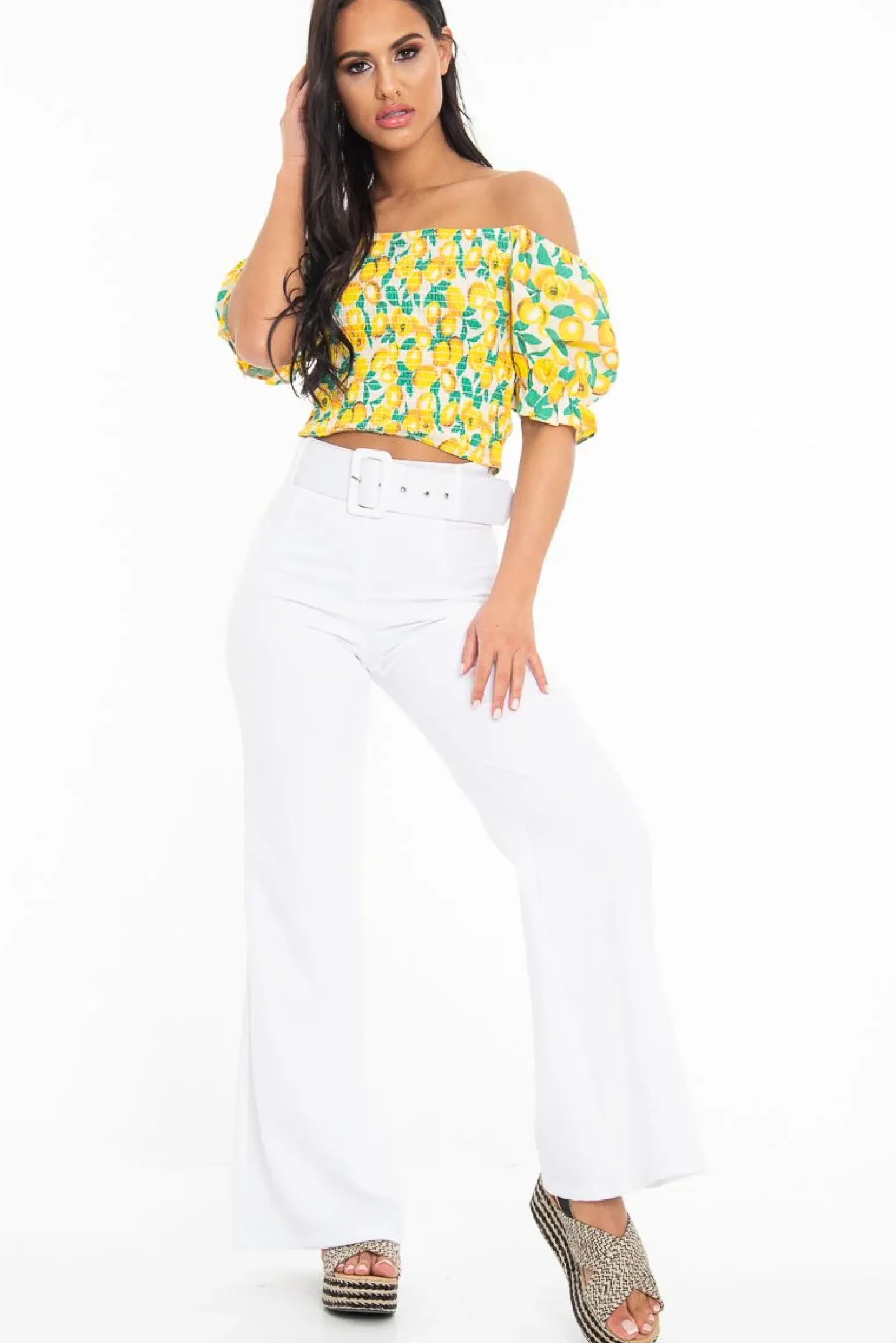 Rebellious Fashion White Lemon Print Shirred Bardot Puff Sleeve Crop Top - Agnes
