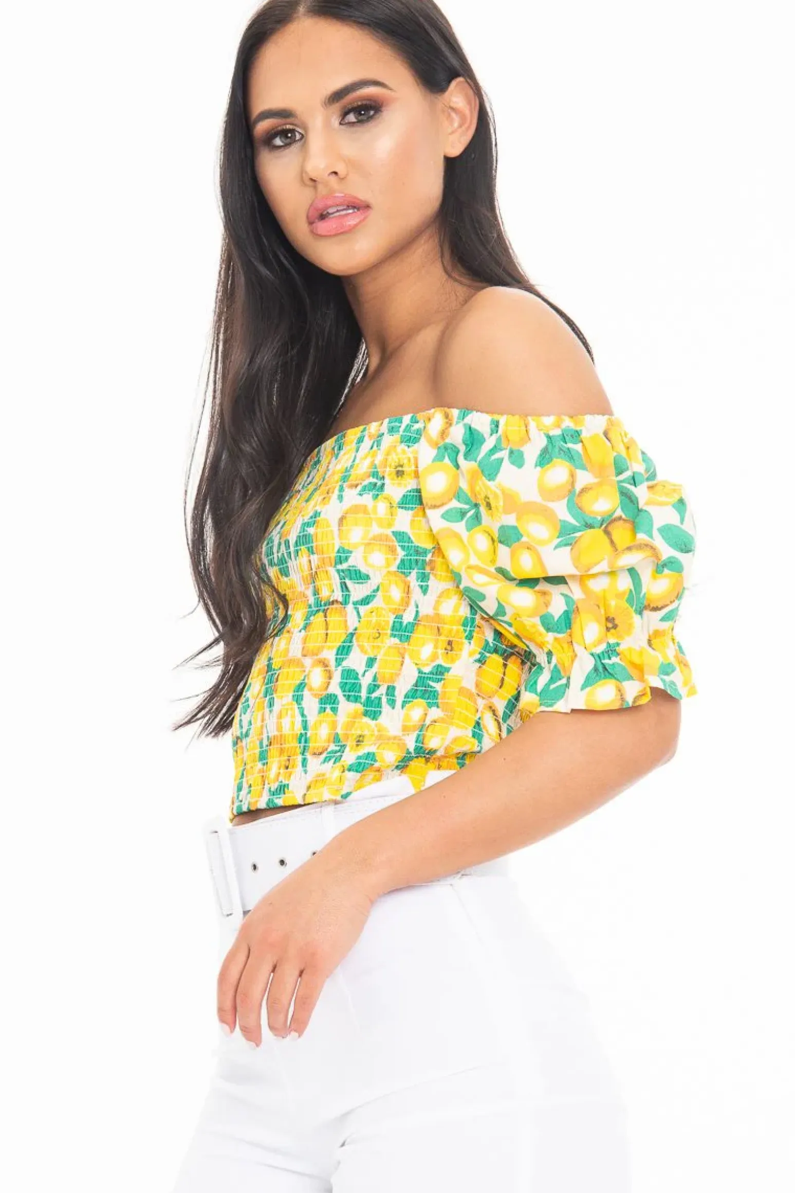Rebellious Fashion White Lemon Print Shirred Bardot Puff Sleeve Crop Top - Agnes