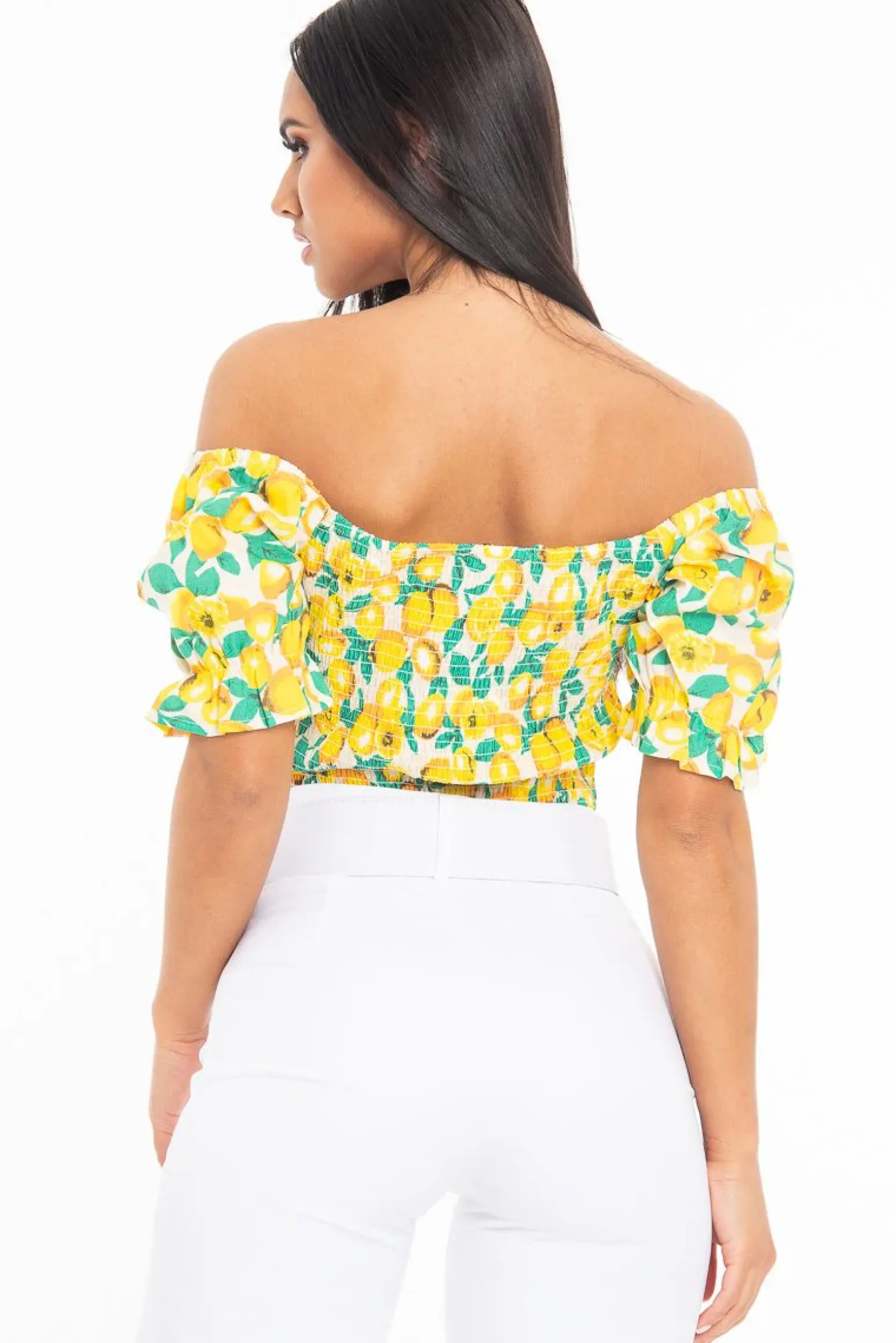 Rebellious Fashion White Lemon Print Shirred Bardot Puff Sleeve Crop Top - Agnes