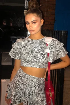 Rebellious Fashion White Leopard Frill Crop Top And Shorts Co-Ord - Manuella