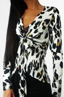 Rebellious Fashion White Leopard Plunge Tie Front Shirt - Halina