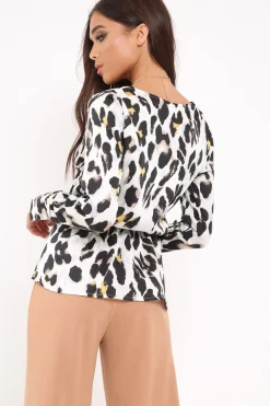 Rebellious Fashion White Leopard Plunge Tie Front Shirt - Halina