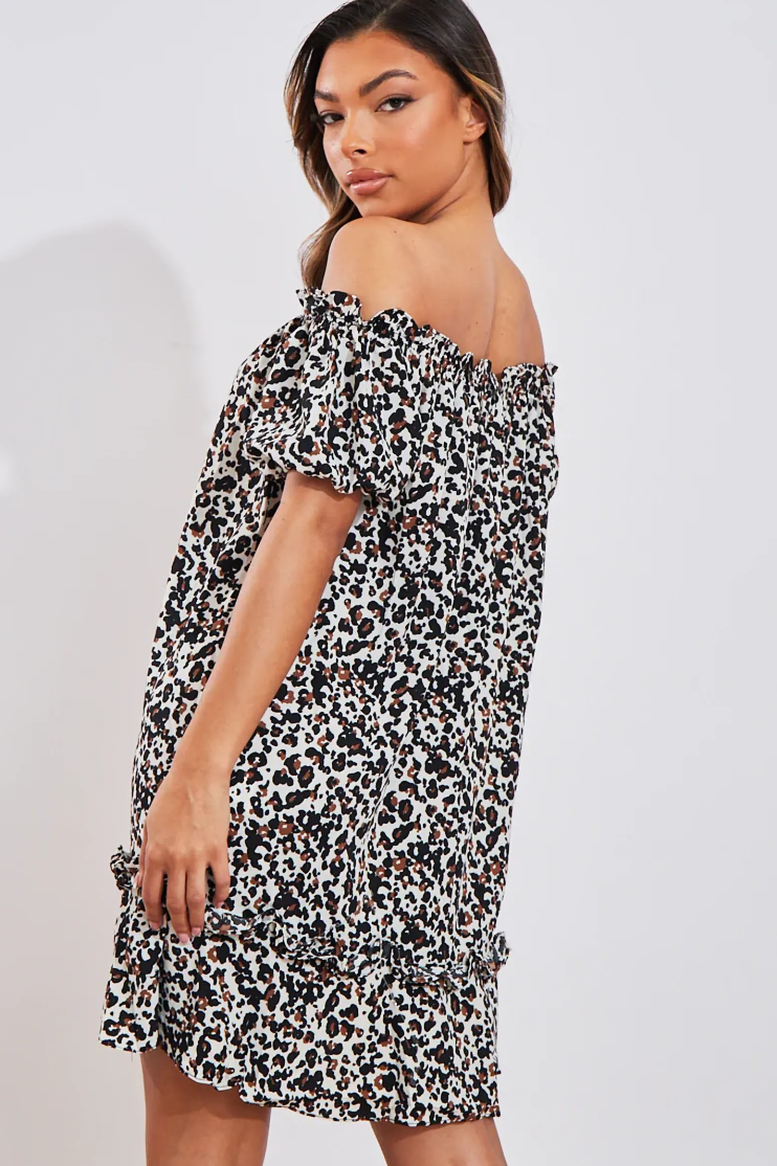 Rebellious Fashion White Leopard Print Bardot Smock Dress - Rebecca