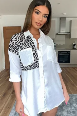 Rebellious Fashion White Leopard Print Insert Button Down Shirt - Shelby