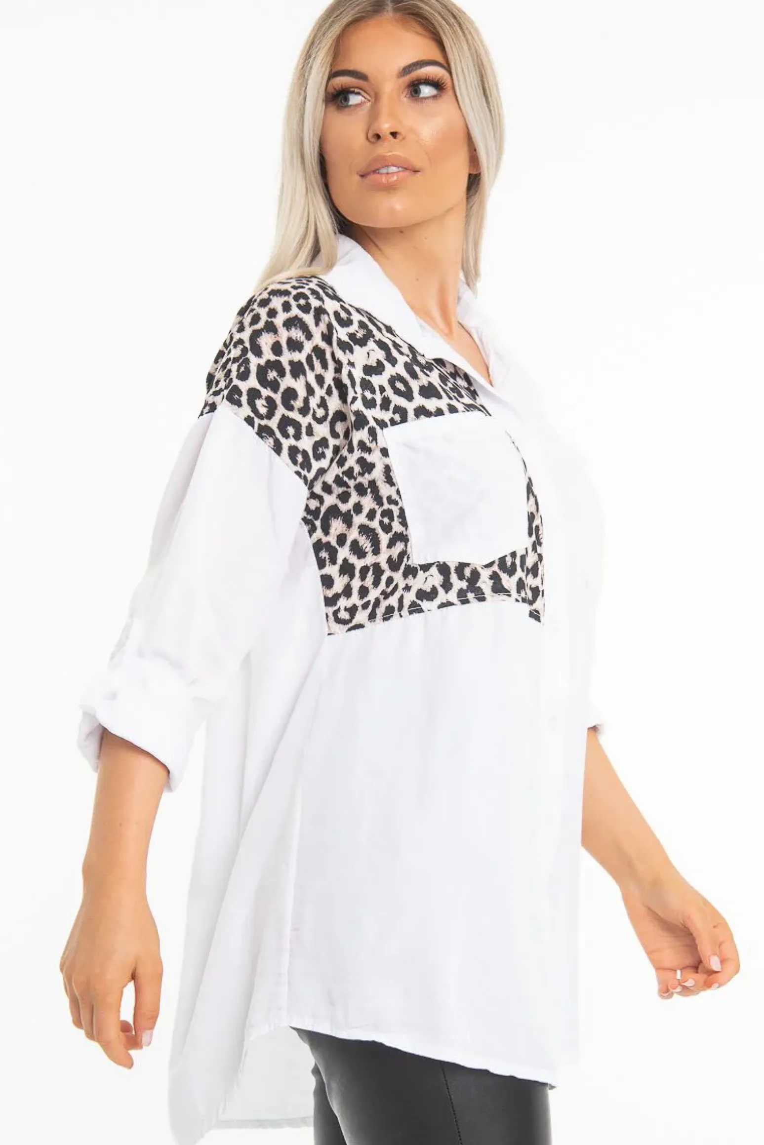 Rebellious Fashion White Leopard Print Insert Button Down Shirt - Shelby
