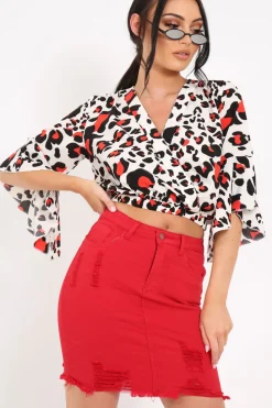 Rebellious Fashion White Leopard Print Ruched Crop Top - Damira