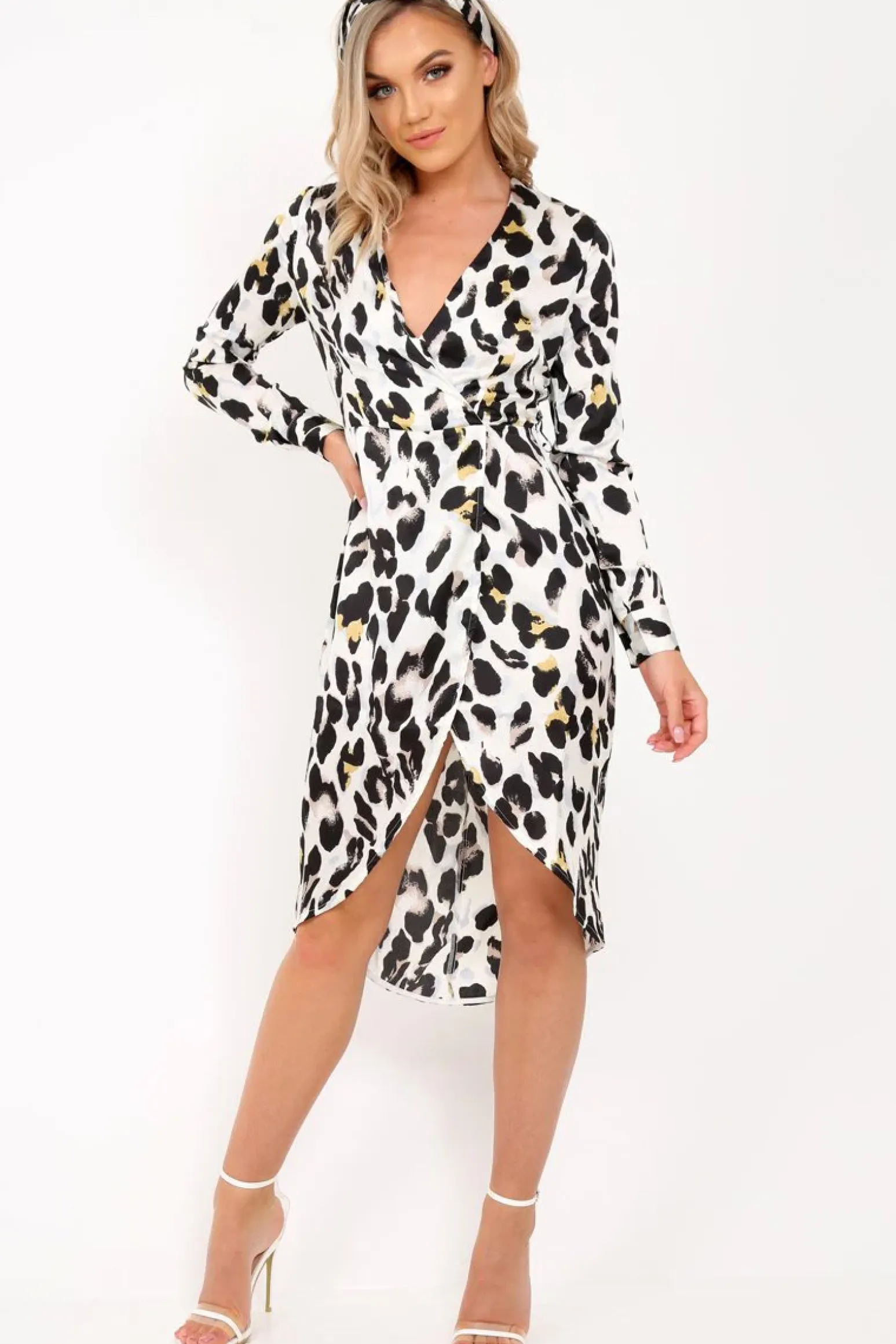 Rebellious Fashion White Leopard Print Satin Belted Wrap Midi Dress - Rosine