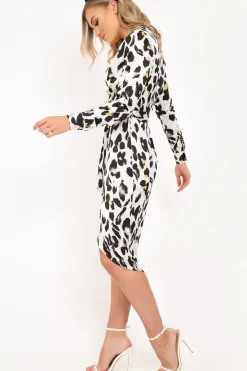 Rebellious Fashion White Leopard Print Satin Belted Wrap Midi Dress - Rosine