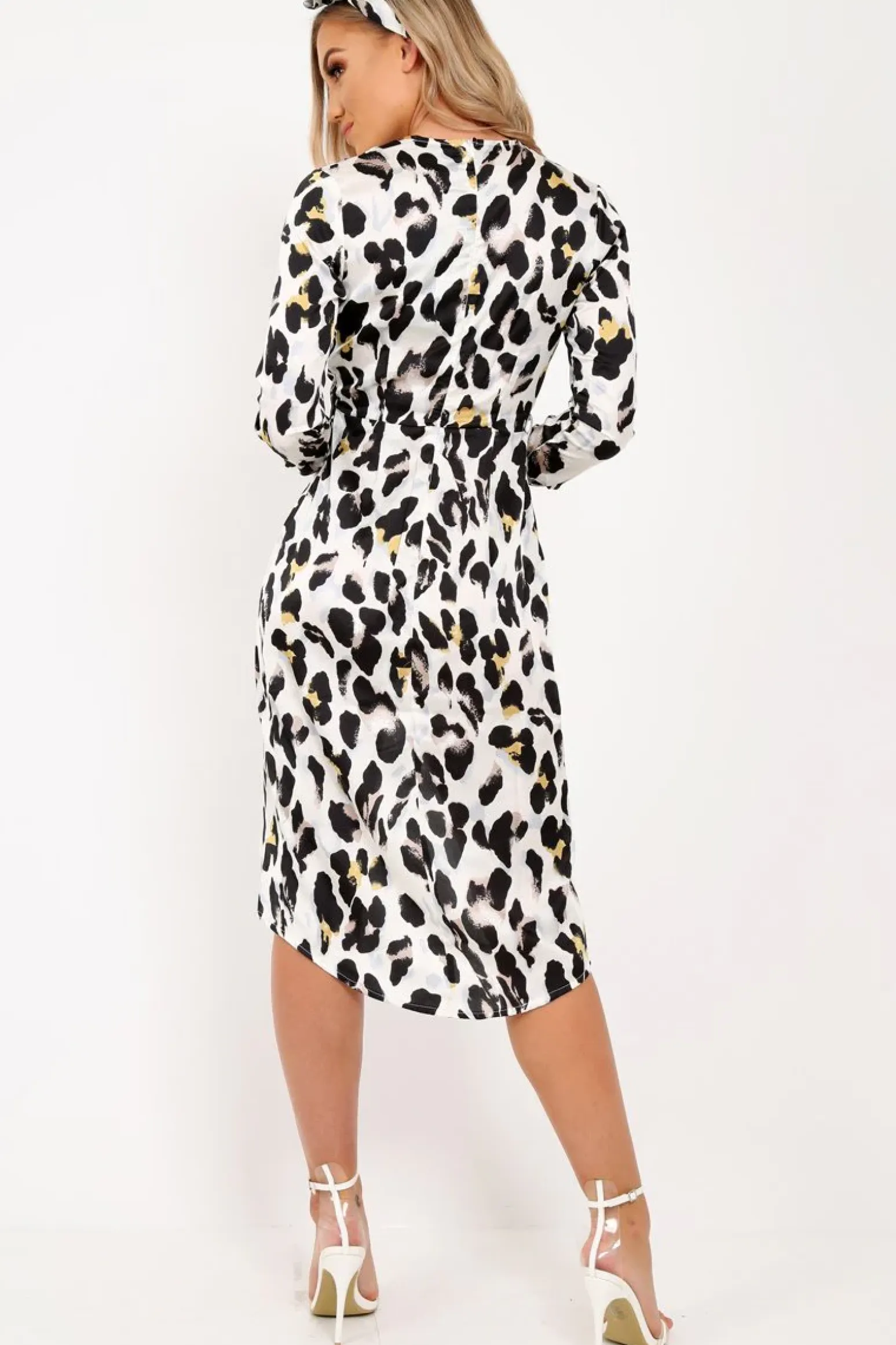 Rebellious Fashion White Leopard Print Satin Belted Wrap Midi Dress - Rosine