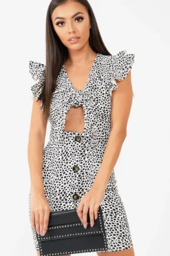Rebellious Fashion White Leopard Print Tie Button Front Bodycon Dress - Aaira