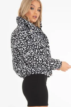 Rebellious Fashion White Leopard Print Zip Front Puffer Coat - Lidya
