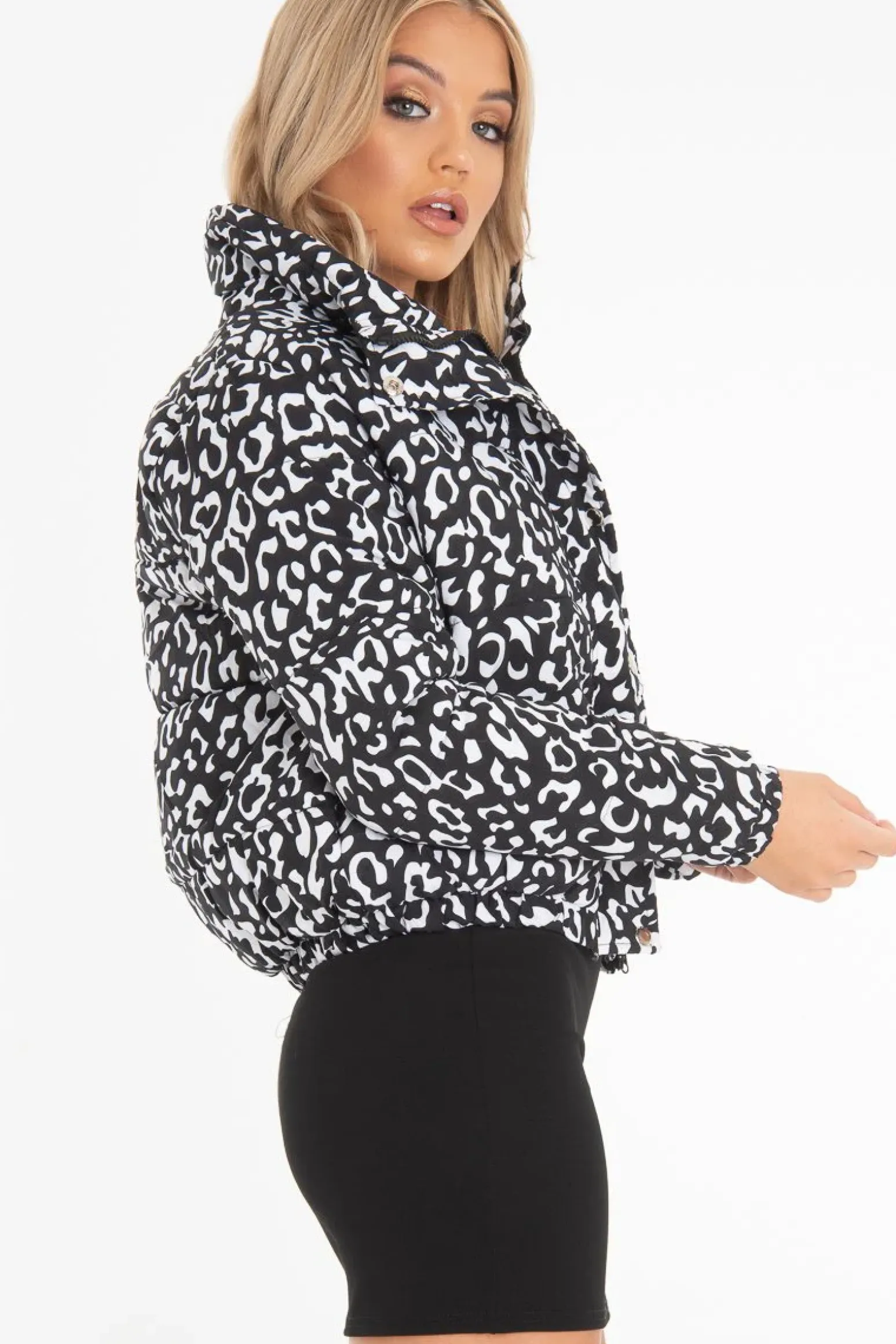 Rebellious Fashion White Leopard Print Zip Front Puffer Coat - Lidya