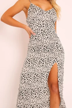 Rebellious Fashion White Leopard Side Split Midi Dress - Tollie