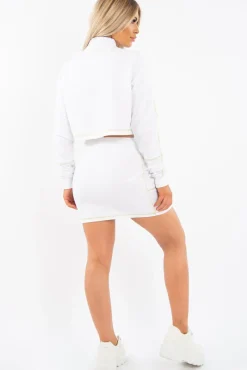 Rebellious Fashion White Lime Contrast Stitch Crop Jumper Skirt Co-ord - Keva
