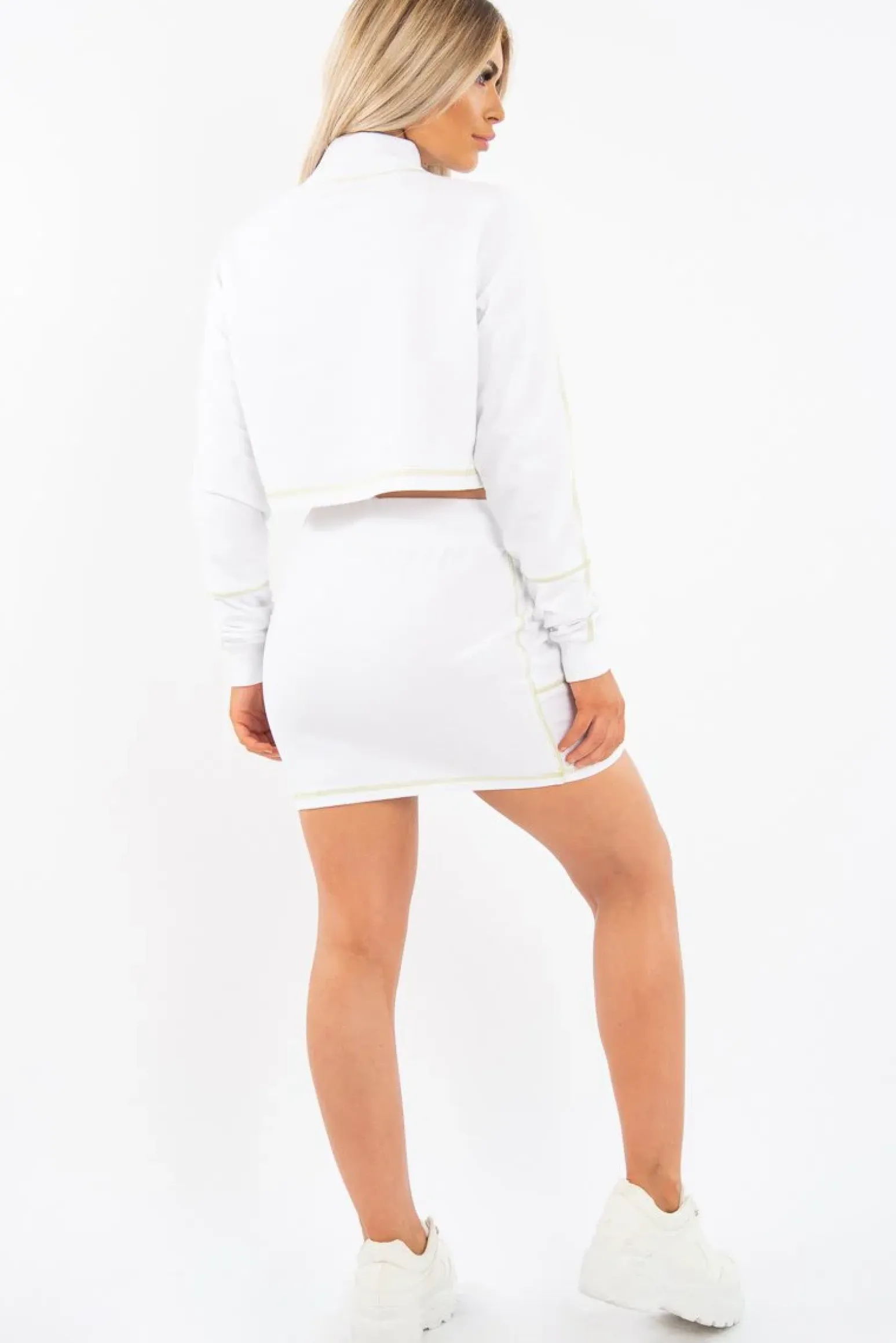 Rebellious Fashion White Lime Contrast Stitch Crop Jumper Skirt Co-ord - Keva