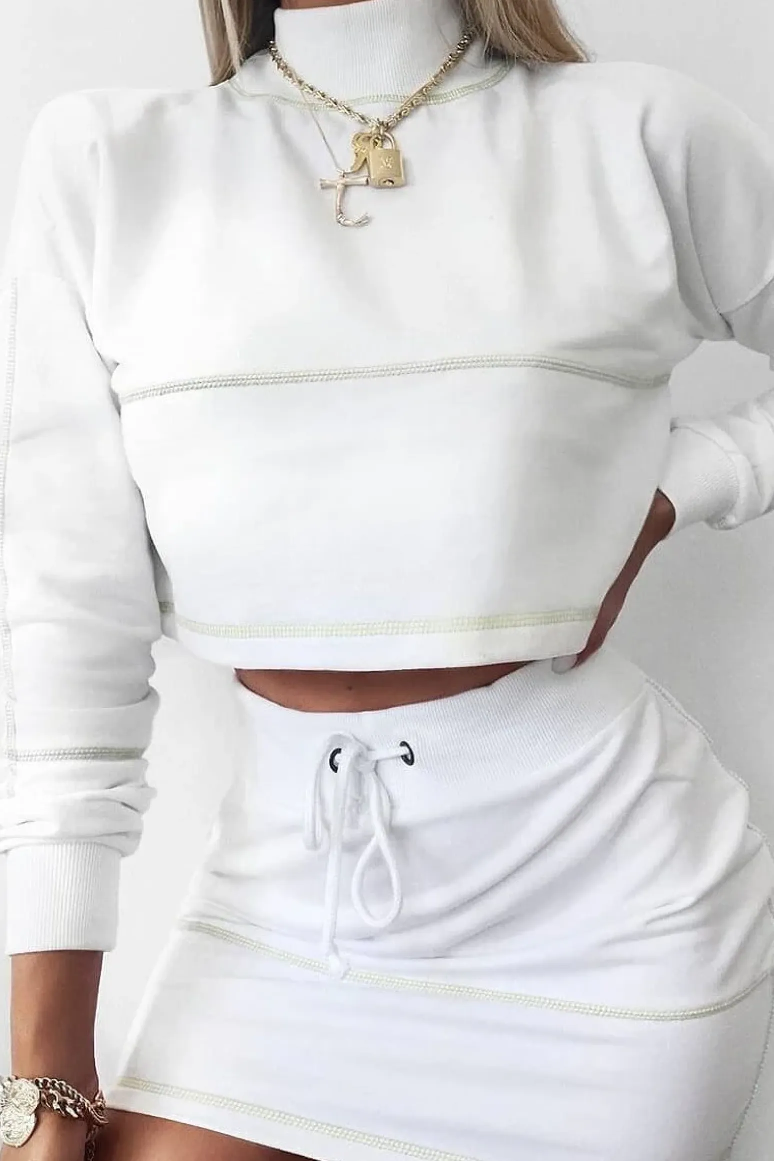 Rebellious Fashion White Lime Contrast Stitch Crop Jumper Skirt Co-ord - Keva