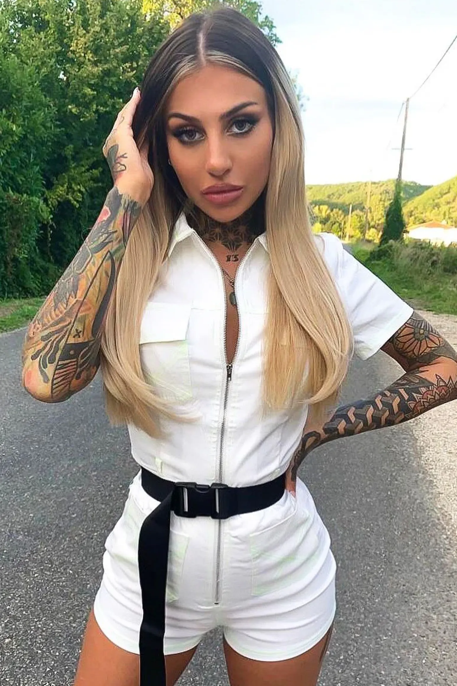 Rebellious Fashion White Lime Contrast Stitch Utility Belted Playsuit - Mina