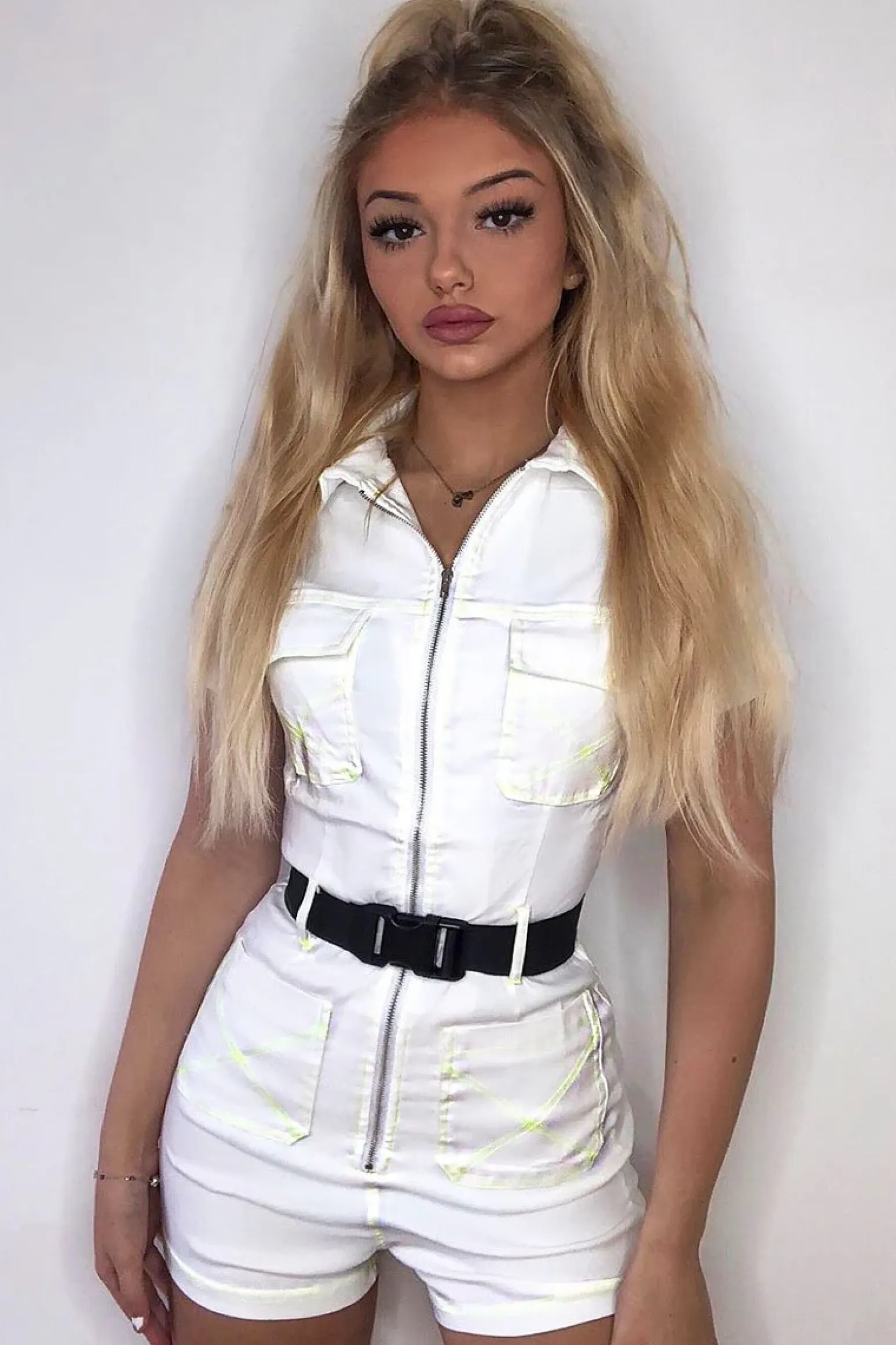 Rebellious Fashion White Lime Contrast Stitch Utility Belted Playsuit - Mina