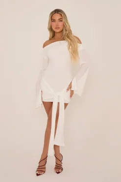 Rebellious Fashion White Long Flared Sleeves Drape Detail Bodycon Mini Dress - Maya