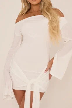Rebellious Fashion White Long Flared Sleeves Drape Detail Bodycon Mini Dress - Maya