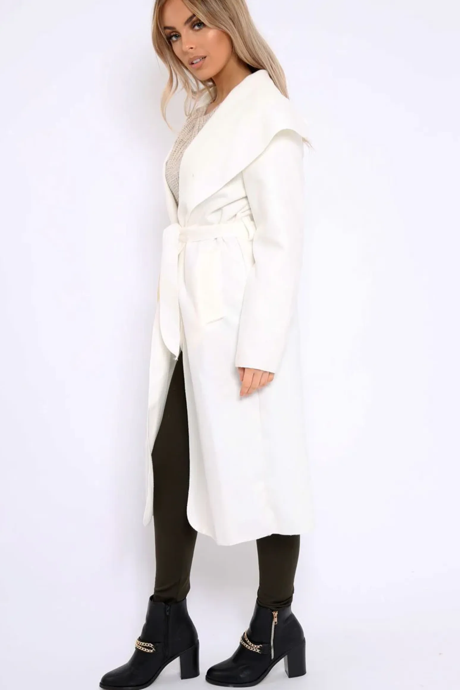 Rebellious Fashion White Long Length Waterfall Belted Coat - Cindy