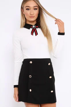 Rebellious Fashion White Long Sleeved Striped Bow Bodysuit - Lashay
