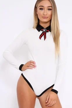 Rebellious Fashion White Long Sleeved Striped Bow Bodysuit - Lashay