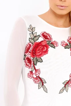Rebellious Fashion White Long Sleeves Floral Mesh Bodysuit - Daphne