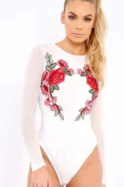 Rebellious Fashion White Long Sleeves Floral Mesh Bodysuit - Daphne