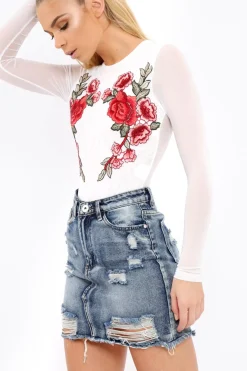Rebellious Fashion White Long Sleeves Floral Mesh Bodysuit - Daphne