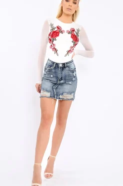 Rebellious Fashion White Long Sleeves Floral Mesh Bodysuit - Daphne
