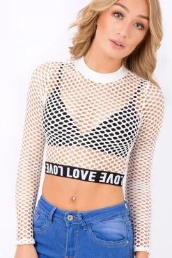Rebellious Fashion White Love Fishnet Mesh Crop Top - Dolli