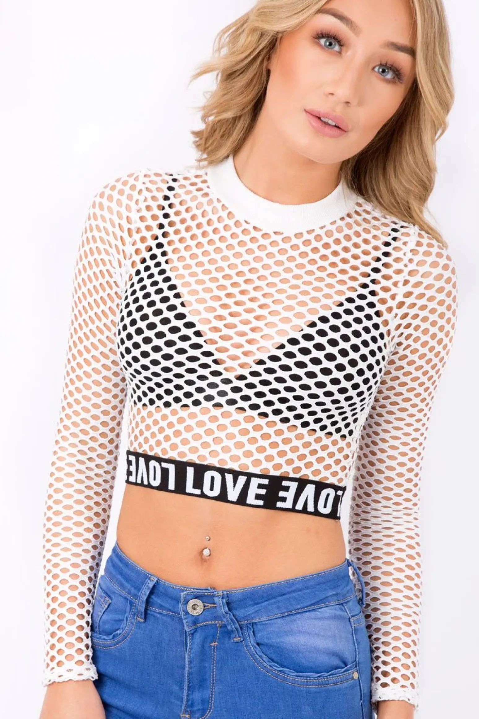 Rebellious Fashion White Love Fishnet Mesh Crop Top - Dolli
