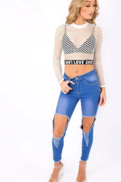 Rebellious Fashion White Love Fishnet Mesh Crop Top - Dolli