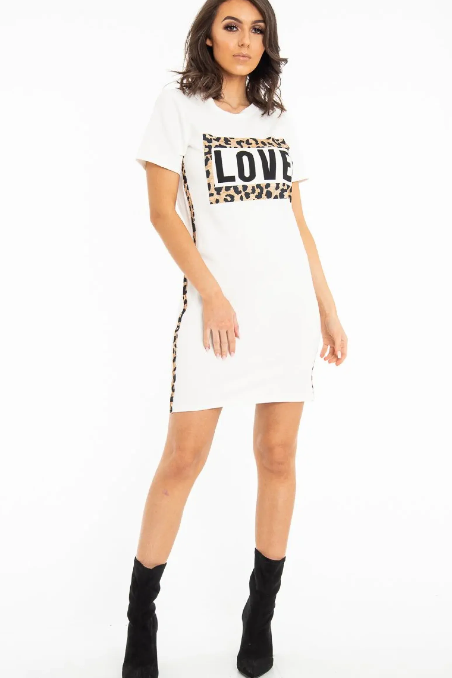 Rebellious Fashion White Love Slogan Leopard Midi T-shirt Dress - Kloie