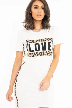 Rebellious Fashion White Love Slogan Leopard Midi T-shirt Dress - Kloie