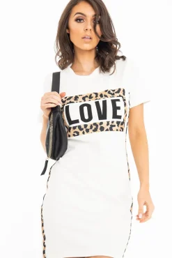 Rebellious Fashion White Love Slogan Leopard Midi T-shirt Dress - Kloie