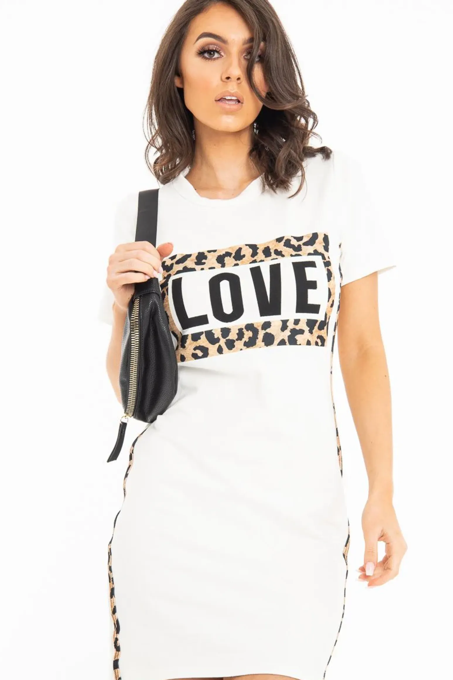 Rebellious Fashion White Love Slogan Leopard Midi T-shirt Dress - Kloie