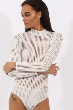 Rebellious Fashion White Mesh Airtex Long Sleeve Bodysuit - Halley