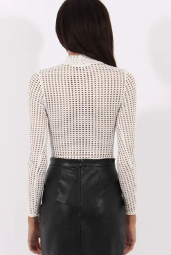 Rebellious Fashion White Mesh Airtex Long Sleeve Bodysuit - Halley