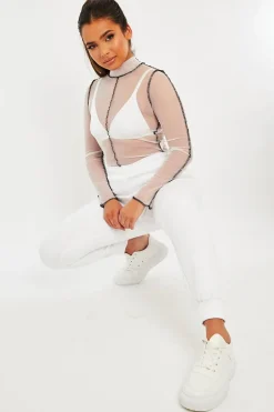 Rebellious Fashion White Mesh Contrast Stitch Long Sleeve Crop Top - Evie